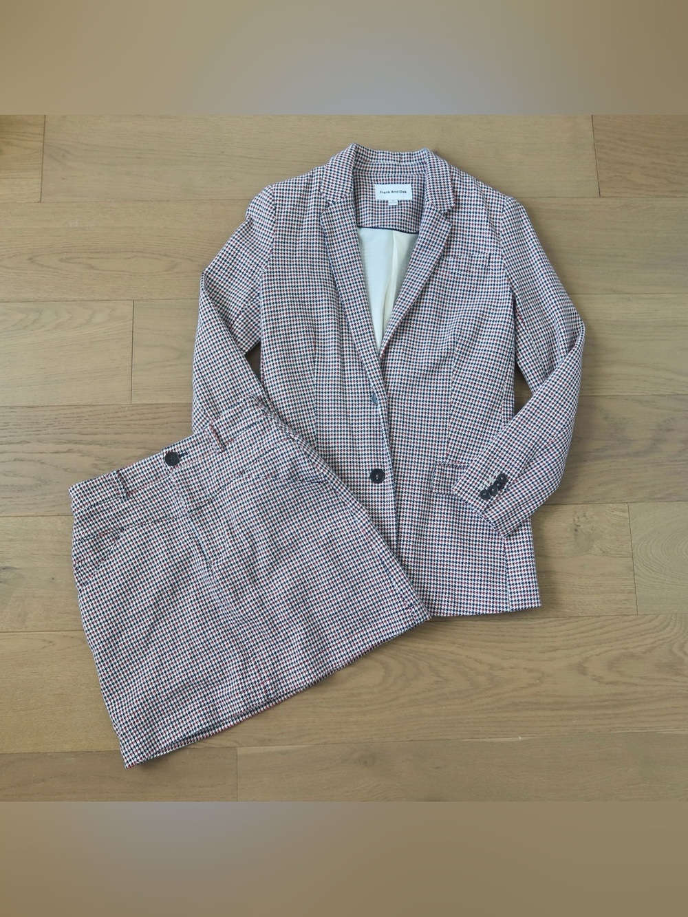 Houndtooth Two-Piece Blazer & Skirt Set in Red, Blue and White
